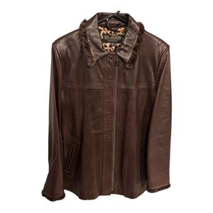 NWOT St. John Coat Collection Brown Leather Zip-Front Jacket with Mink Trim Sz L